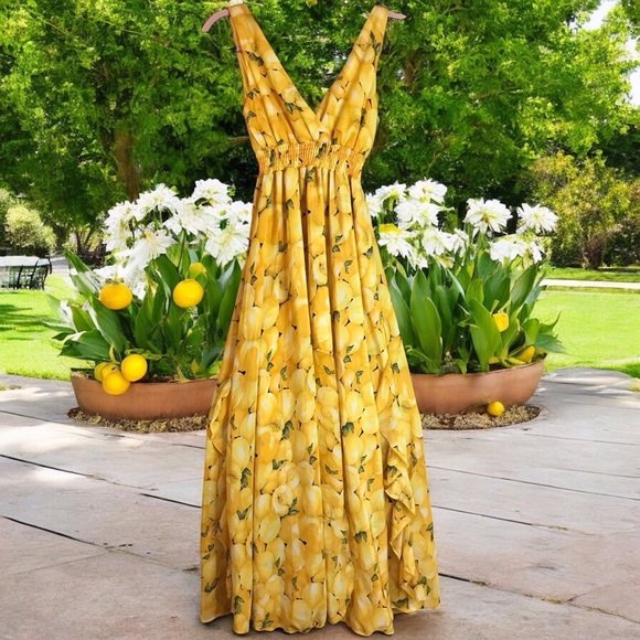 NWOT Beautiful Lemon Print inspired Working Women Maxi Dress sz S/M - Picture 2 of 7